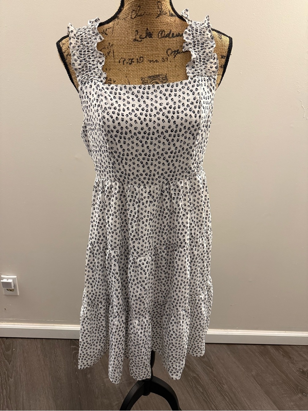 White Midi Dress with Navy Floral Print - Lightweight Ruffle Strap Sundress